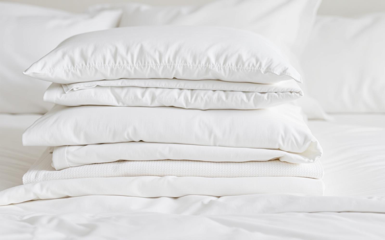Staplade vita lakan, örngott och handdukar i hotellkvalitet