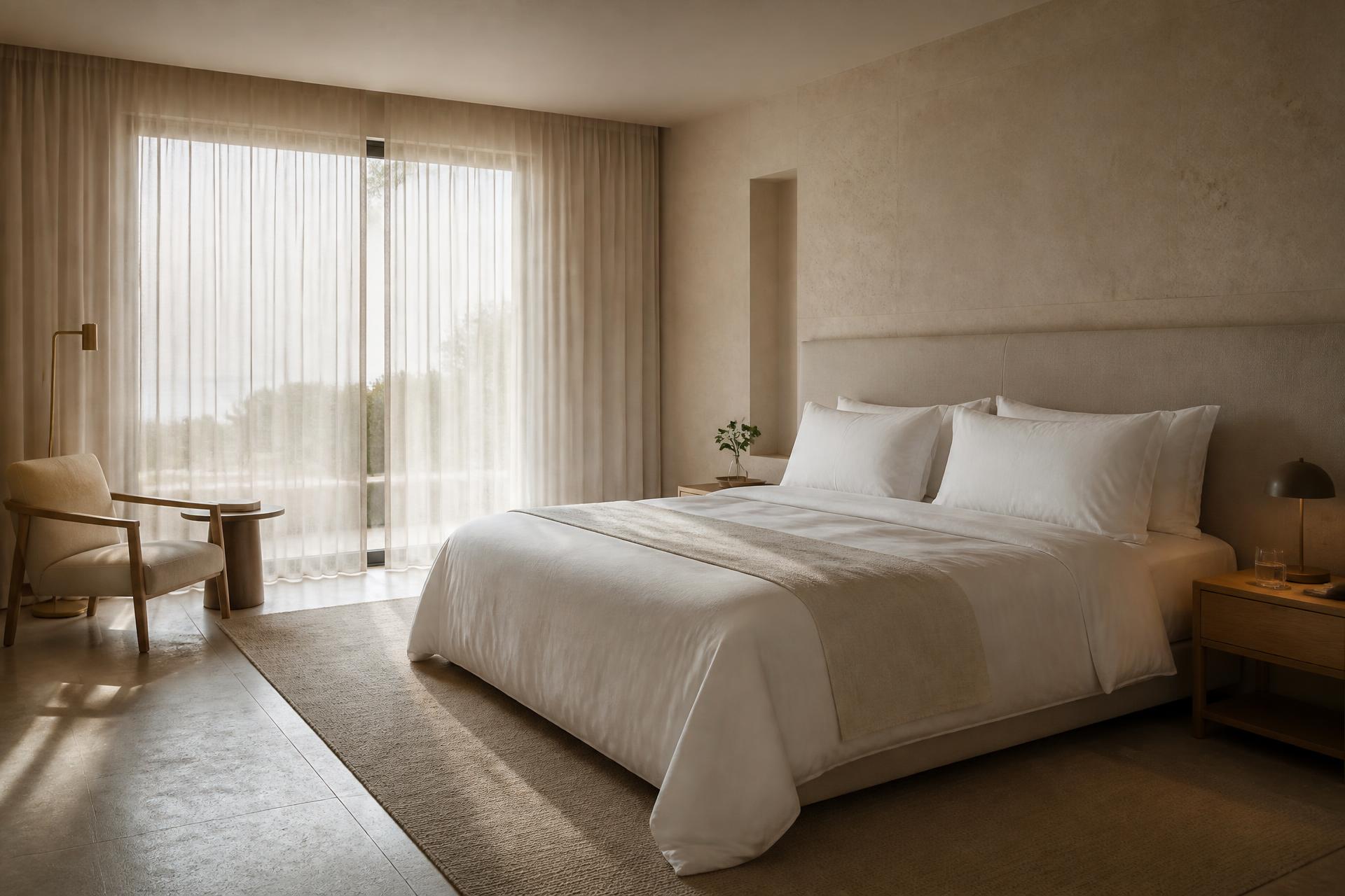 Hotellrum i morgonljus med krispiga vita linnelakan